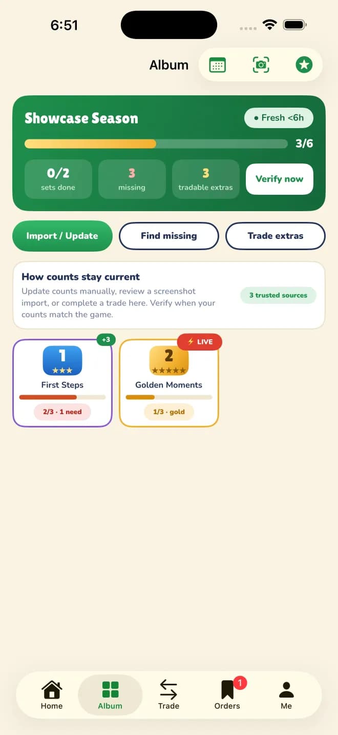 Sticker Exchanger album screen showing season progress, sets completed, missing stickers, tradable extras, and the three sources that keep counts current.