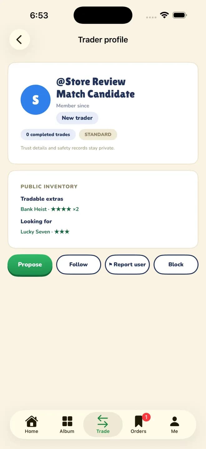 Trader profile in Sticker Exchanger listing that member’s tradable extras and the stickers they are looking for, with propose, follow, report, and block actions.