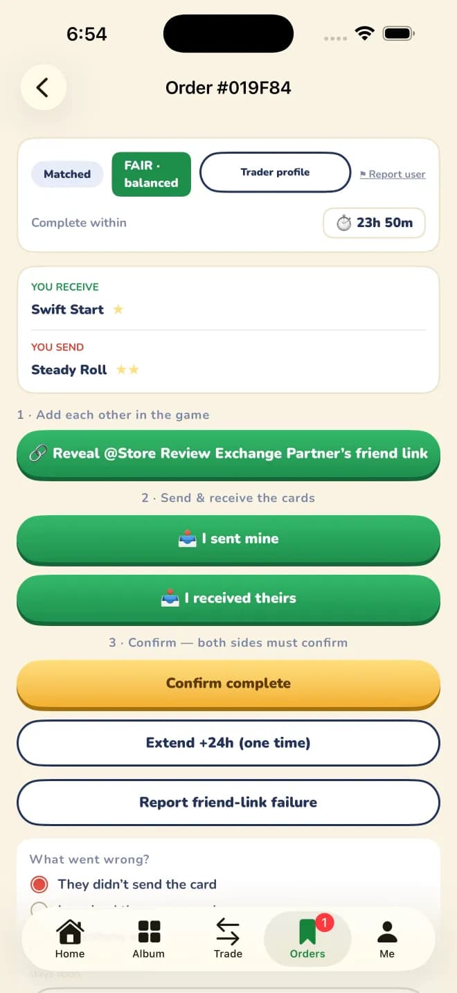 Sticker Exchanger trade guidance screen walking both members through agreeing terms before the sticker is sent inside the game.