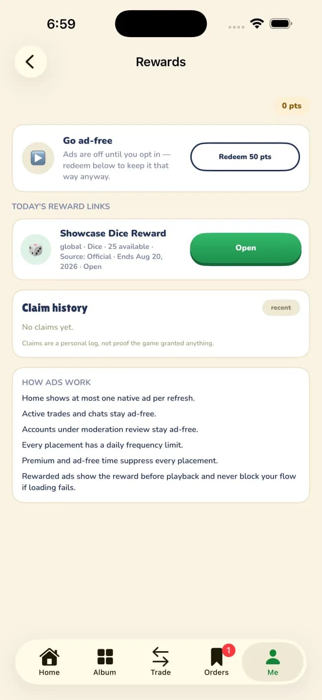 Events and rewards screen in Sticker Exchanger listing live events and reward links with the times they expire.