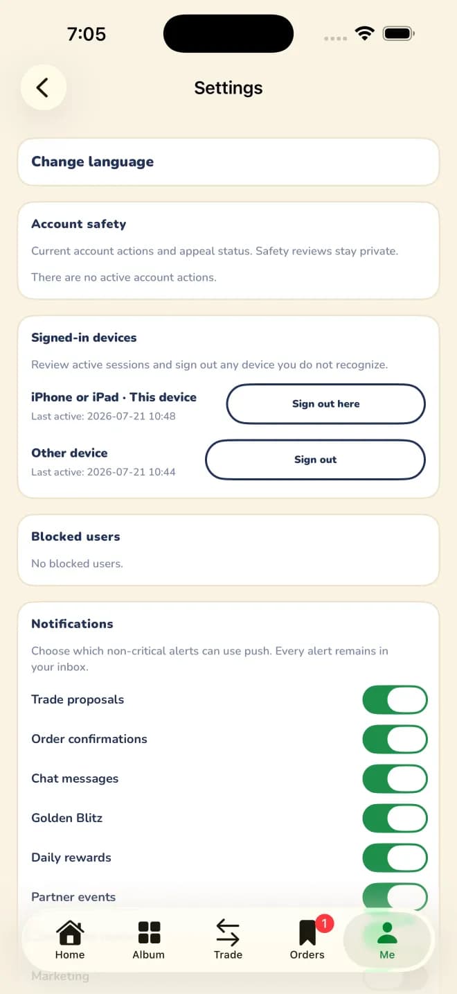 Sticker Exchanger settings screen showing account safety status, signed-in devices, blocked users, and per-alert notification controls.