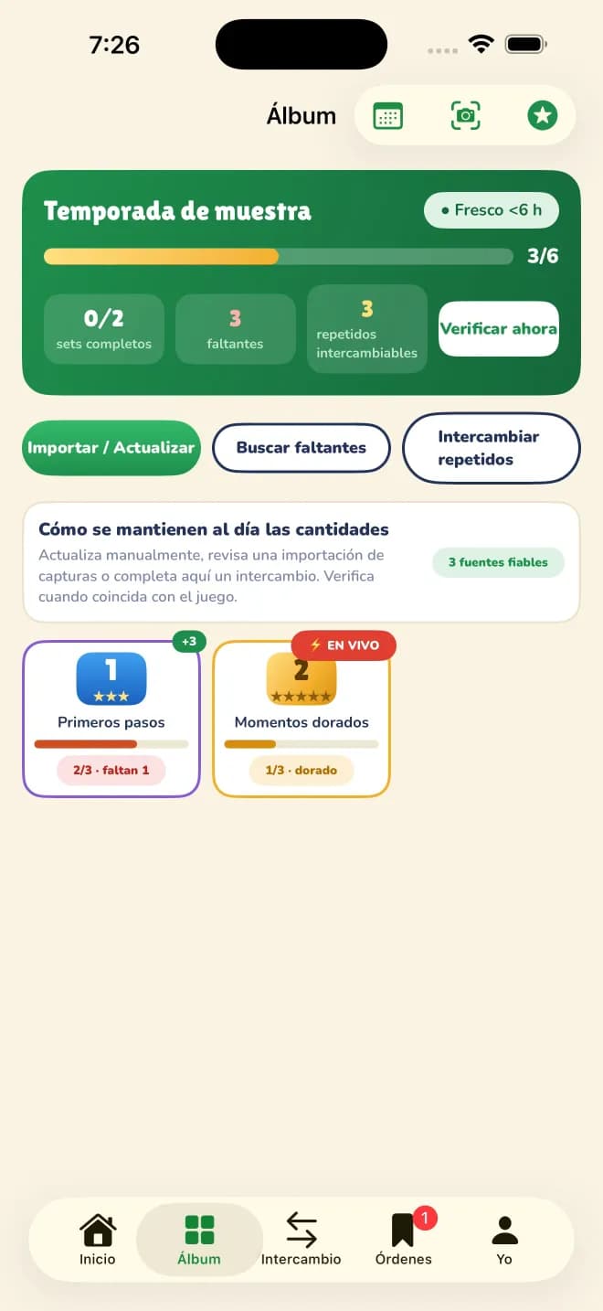 Pantalla del álbum de Sticker Exchanger con el progreso de la temporada, los sets completados, los cromos que faltan, los repetidos intercambiables y las tres fuentes que mantienen las cantidades al día.