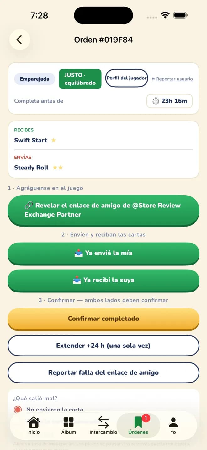 Pantalla de guía de intercambio de Sticker Exchanger que acompaña a ambos miembros para acordar las condiciones antes de enviar el cromo dentro del juego.