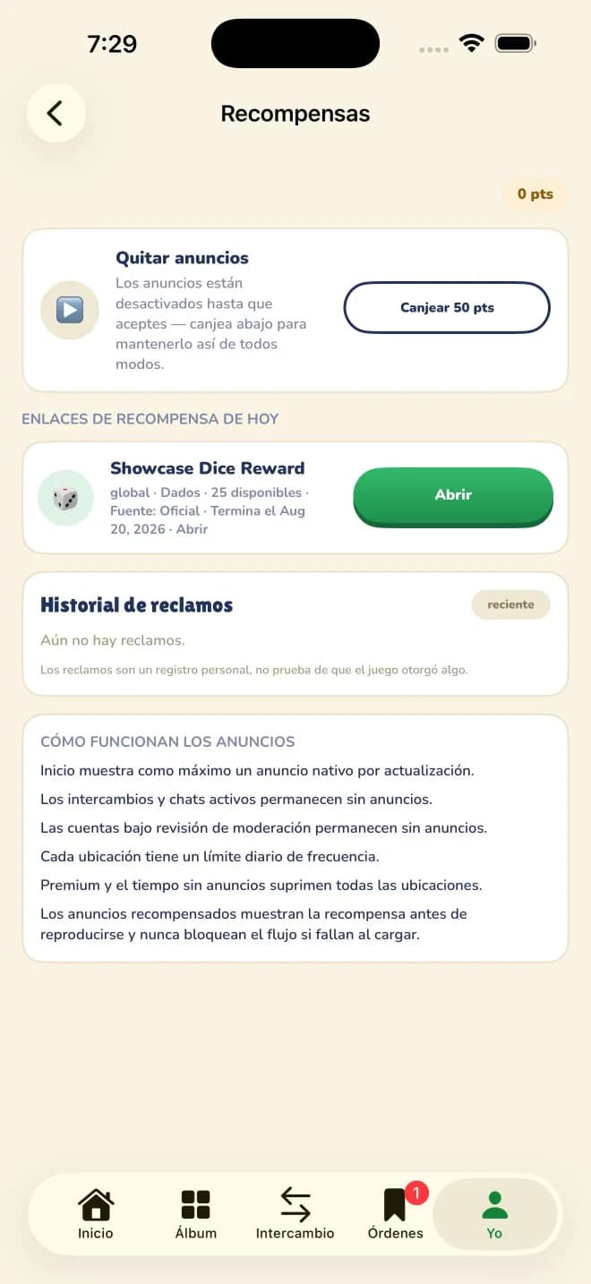 Pantalla de eventos y recompensas de Sticker Exchanger con los eventos activos y los enlaces de recompensa junto a su fecha de caducidad.