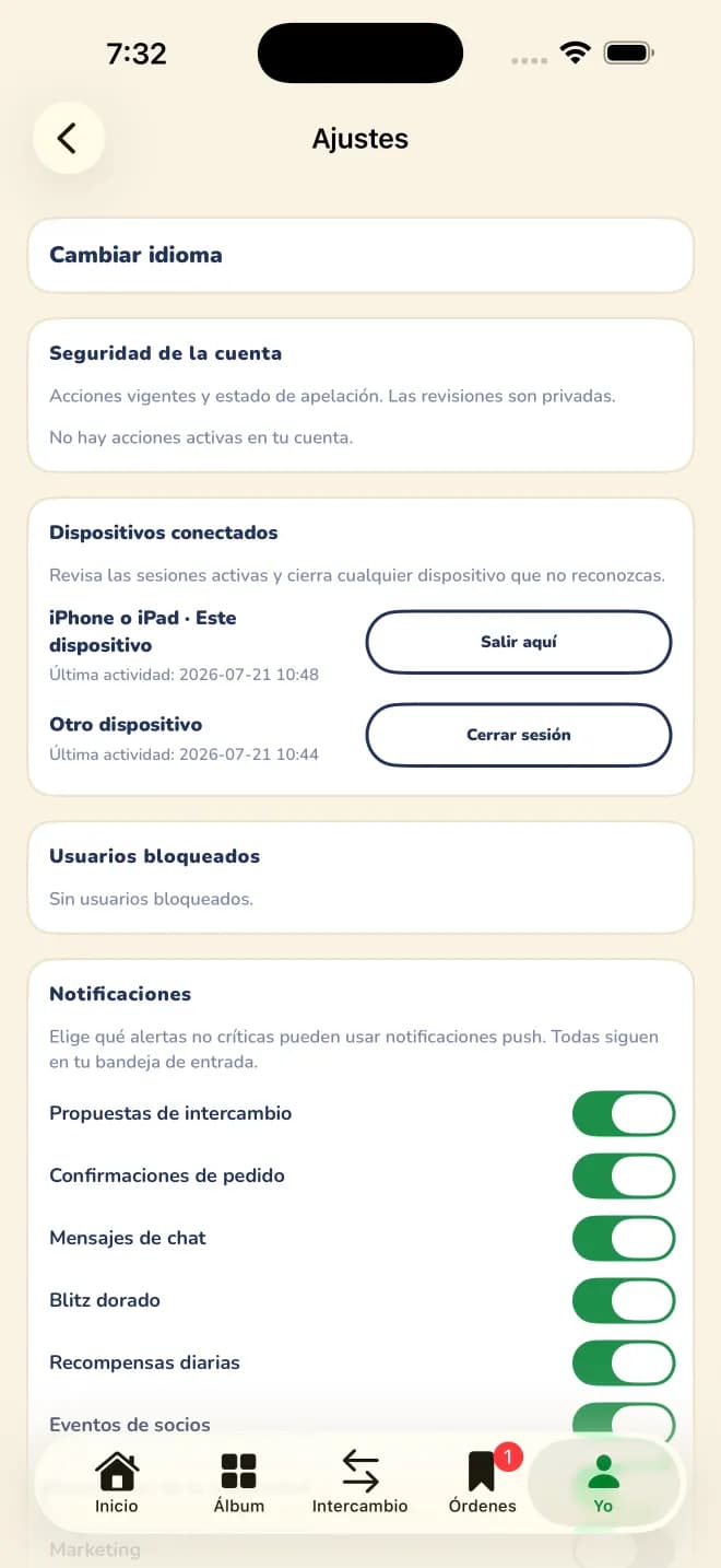 Pantalla de ajustes de Sticker Exchanger con el estado de seguridad de la cuenta, los dispositivos con sesión iniciada, los usuarios bloqueados y los controles de notificación.